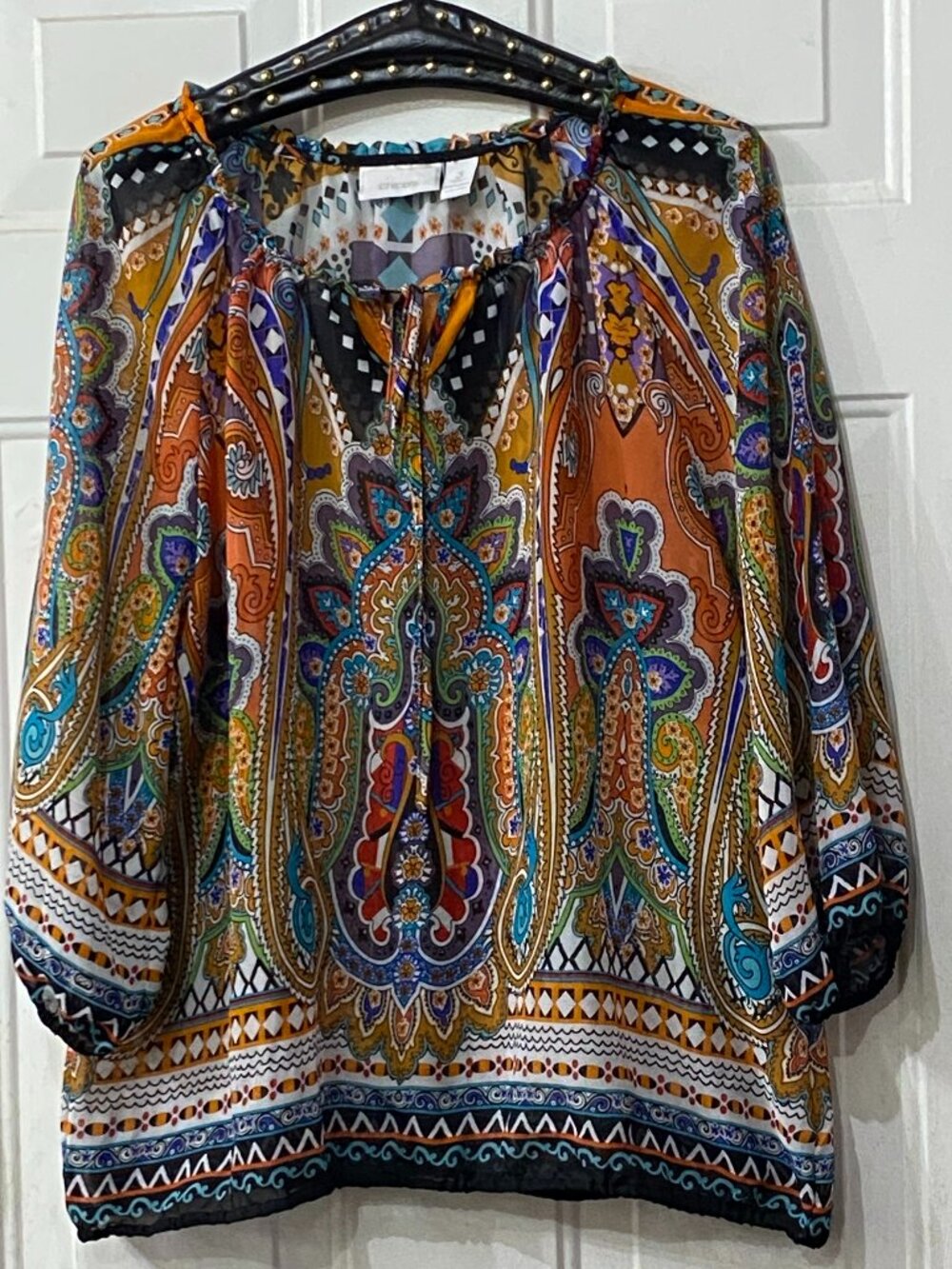 Chico's Sz 3 (XL) Semi Sheer Blouse 3/4 Sleeve Round Tie Neck Multi Paisley